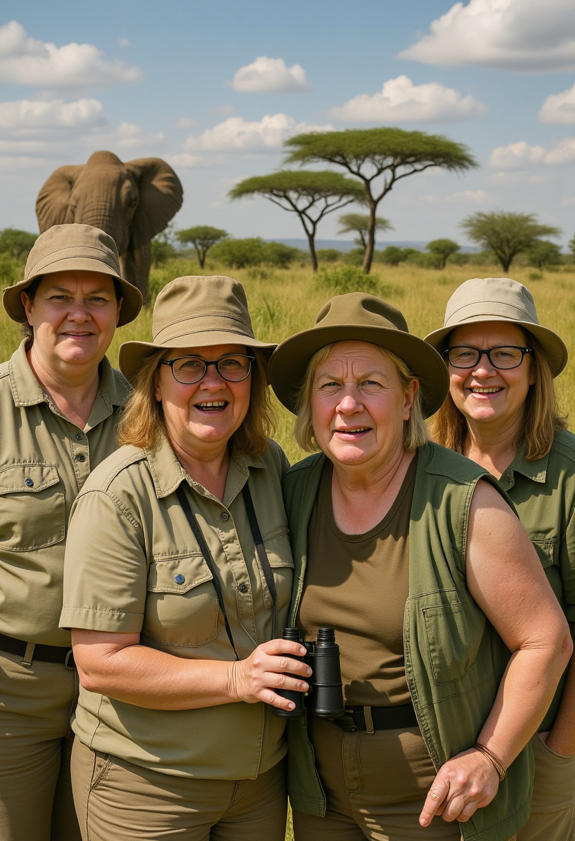 a group of four women standing next to each other in front of an elephant. They are all wearing safari hats and one of them is holding a pair of binoculars. The background of the image is filled with lush green grass, tall trees, and a bright blue sky.