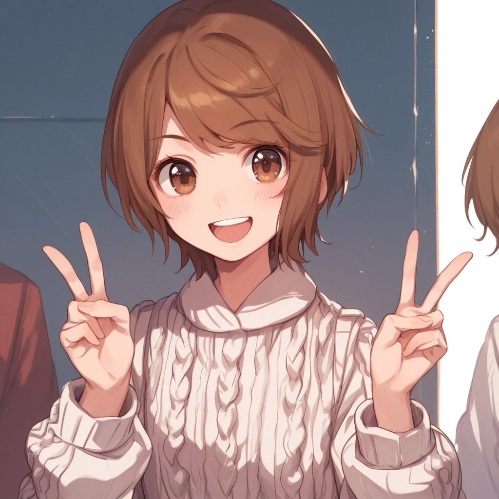 anime coloring, score_9, score_8_up, score_7_up, score_6_up, kinuhata saiai, toaru, 1girl, sweater, short hair, cable knit, brown hair, aran sweater, blush, open mouth, solo focus, smile, long hair, brown eyes, portrait, upper body, white sweater, double v