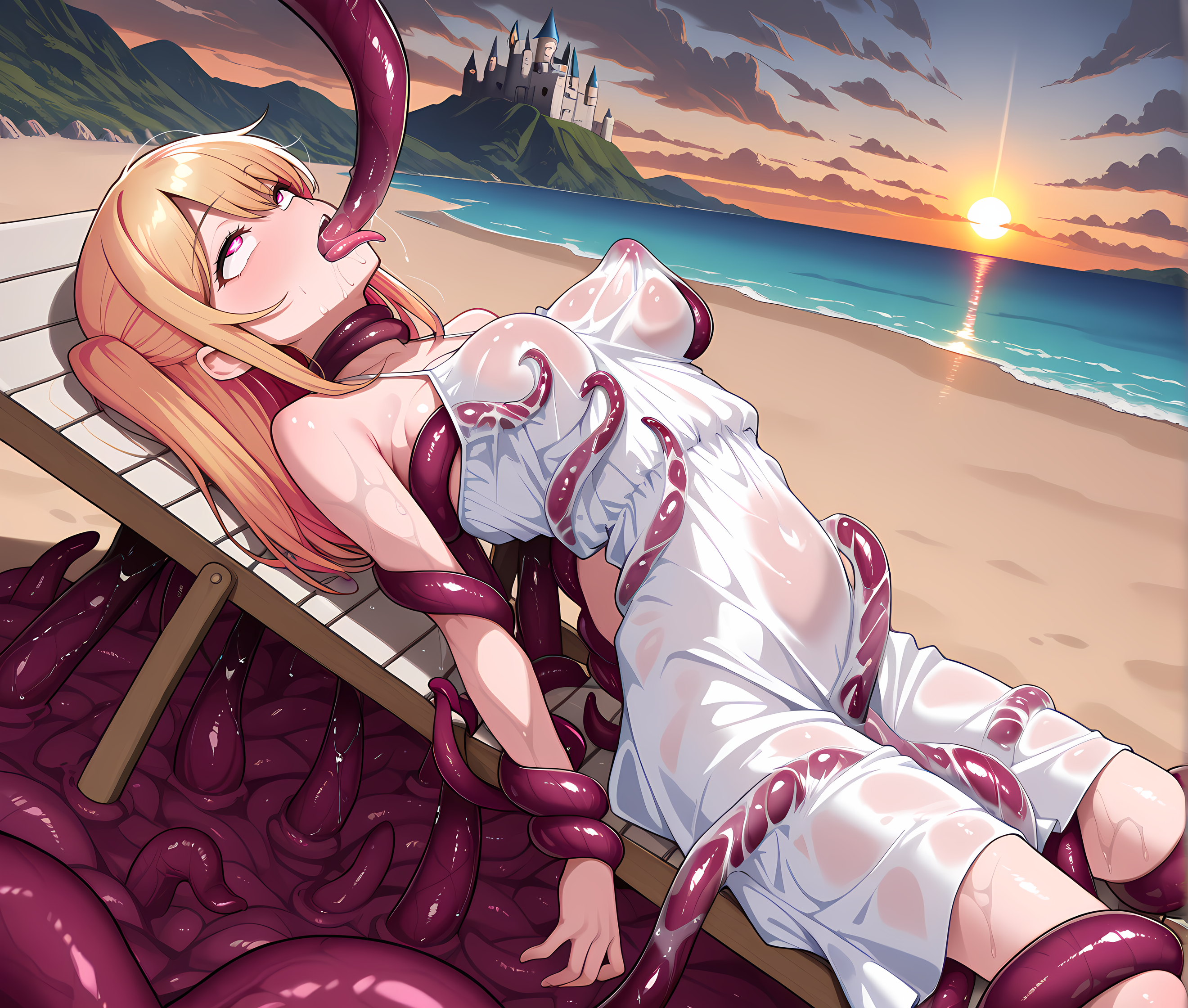 <lora:Tentacles_under_clothes>,(tentacles under clothes:1.5),upper body,sundress,ocean,sunset,on back,beach chair,beach,sand,castle,hill,cliff,scenery,cloudy sky,dark sun,(tentacles:1.2),hoshino ruby,female orgasm,ahegao,arched back,relaxing,leaning back,sitting,slime \(substance\),wet,pussy juice,dutch angle,from above,reclining,medium breasts,tentacle pit,ambush,!,, masterpiece,best quality,amazing quality, very aesthetic, absurdres,detailed eyes,ultra-detailed,