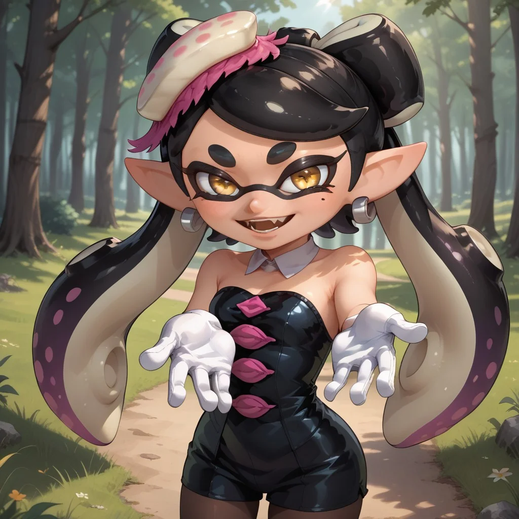 score_9, score_8, BREAK, solo, Callie_(Splatoon), 1girl, solo, black hair, long hair, mole, mole under eye, pointy ears, long hair, yellow eyes, tentacle hair, breasts, parted lips, white gloves, cleavage, bare shoulders, jewelry, purple hair, pantyhose, earrings, detached collar, +_+, self portrait, smile, looking at viewer, outdoors, sunlight, shadows, evening lighting, natural lighting, forest, trees, grass, orange sky, sunset