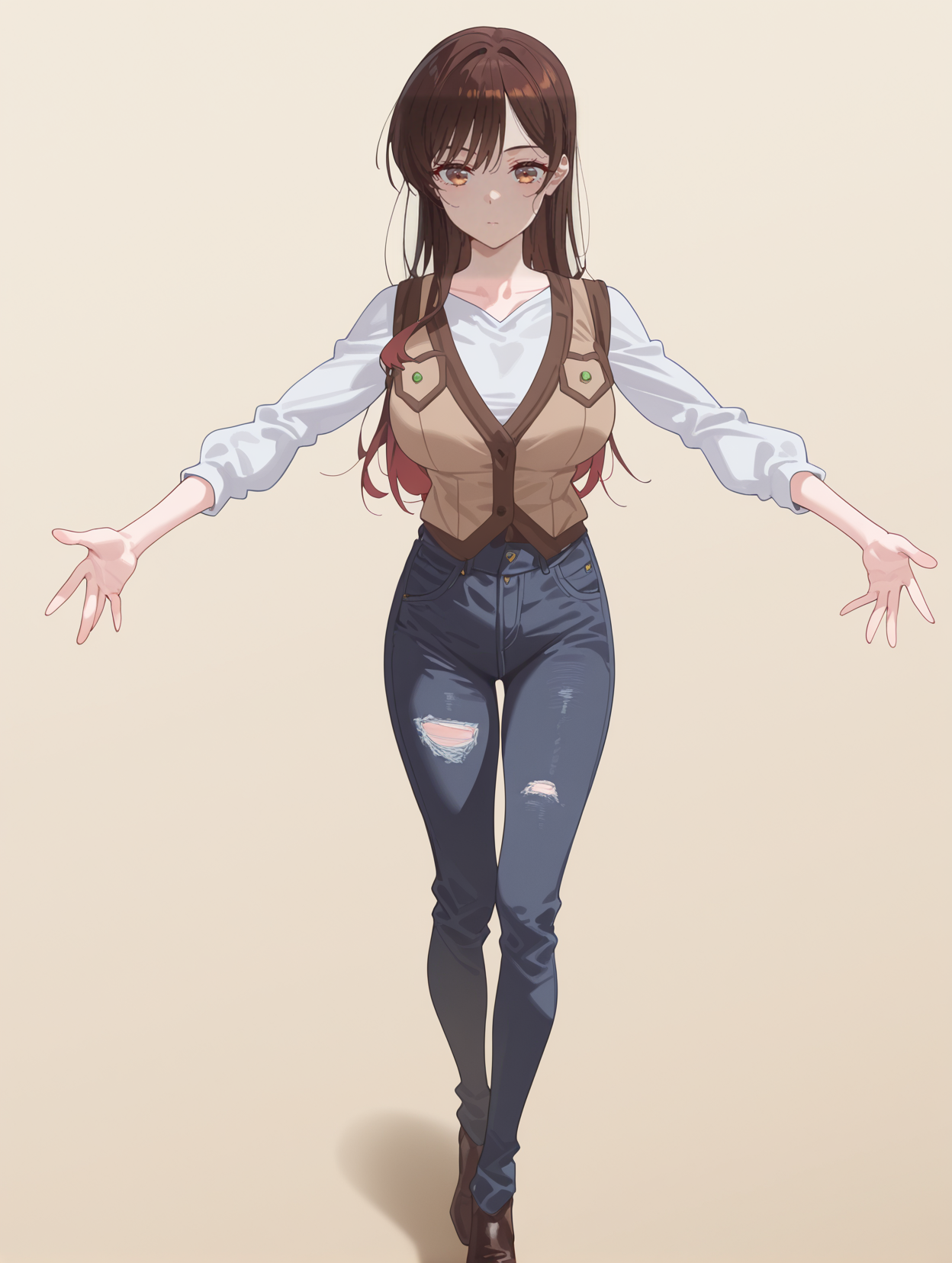 masterpiece,best quality,amazing quality,very aesthetic,absurdres,newest,
front view,full_shot,Contemplative expression,
ChinoseChizuruCYQL,1girl,solo,brown hair,long hair,bangs,brown eyes,large breasts,Suede vest, white blouse, bootcut jeans,
full body,standing,outstretched_arms,,
deeppink background,simple background,
<lora:ponyv4_noob1_2_adamW:0.6>,<lora:spo_sdxl_10ep_4k-data_lora_webui:0.6>,<lora:USNR STYLE_XL_loha:0.45>,<lora:HG2512 by CYQL:0.9>,HG2512,usnr,,<lora:ChinoseChizuruCYQL:1>,