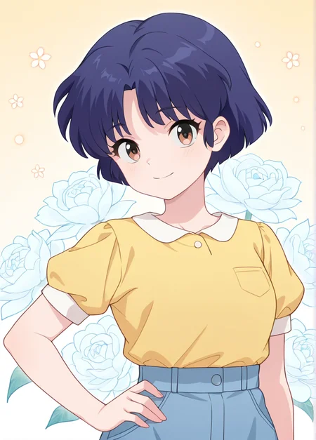 masterpiece, best quality, amazing quality, very aesthetic, absurdres, newest, detailed background, 4k, 8k,
akanexd, 1girl, solo, smile, short hair, shirt, yellow shirt, brown eyes, looking at viewer, short sleeves, blue hair, flower, shirt tucked in, hand on hip, closed mouth, bangs, floral background,
<lora:Akane_Tendo_-_Ranma_12_Remake_Illustrious:1>