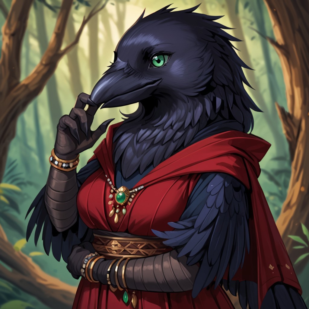 (((detailed, beautiful, high quality))), score_9, score_8_up, score_7_up, ((solo)), 
kenku, anthro bird, anthro crow, plumage,
1 girl, female focus, green eyes, red robe, gold jewelry,
looking at viewer, posing,
fantasy background, blurred background, forest background,
