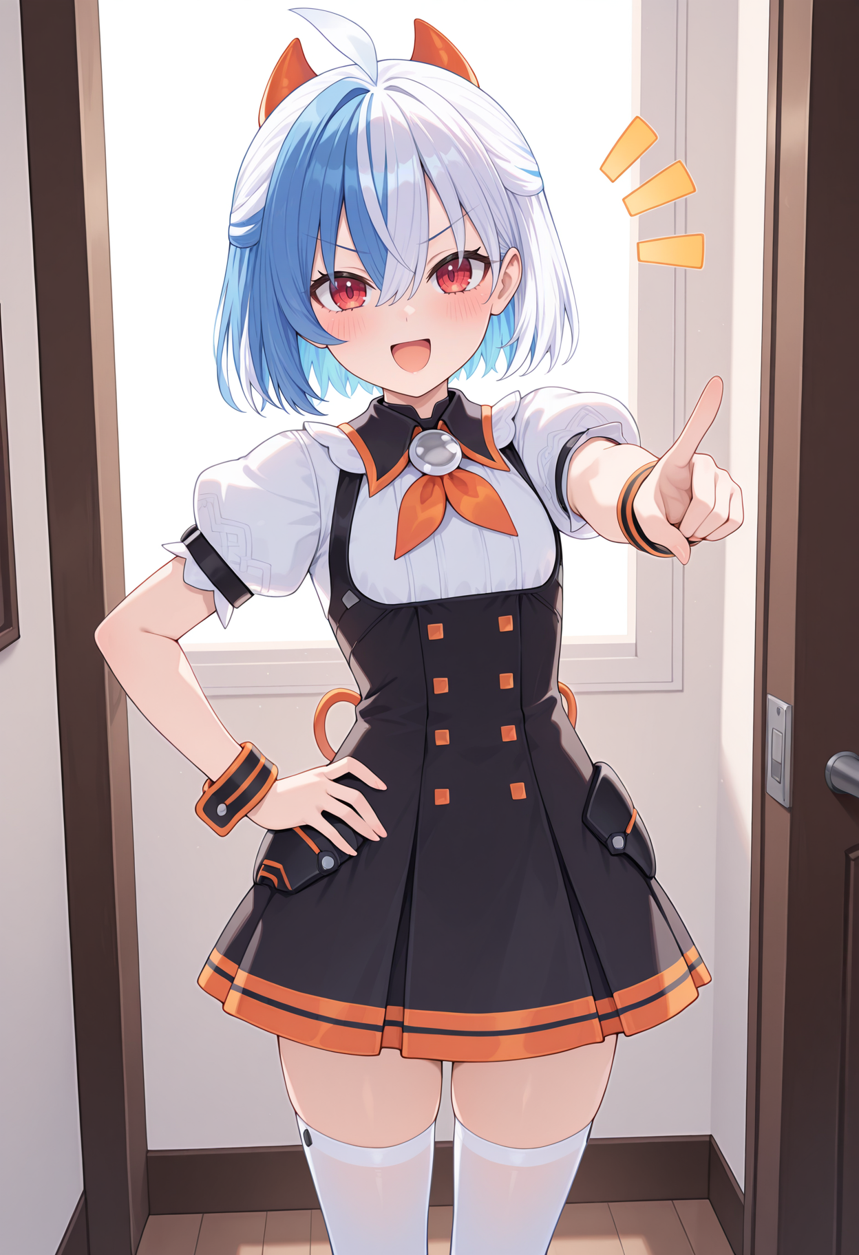 highres, best quality, masterpiece, indoors,
1girl, solo
npipdef, two-tone hair, hair between eyes, blue hair, white hair, red eyes, hair ornament, pinafore dress, black dress, black collar, orange ribbon, white shirt, puffy short sleeves, wristband, white thighhighs,
looking at viewer, blush, smile,
standing, hand on own hip, 
v-shaped eyebrows, pointing, open mouth,
notice lines, 
<lora:_pippih_nep-elesico-ilxl-000012:1>