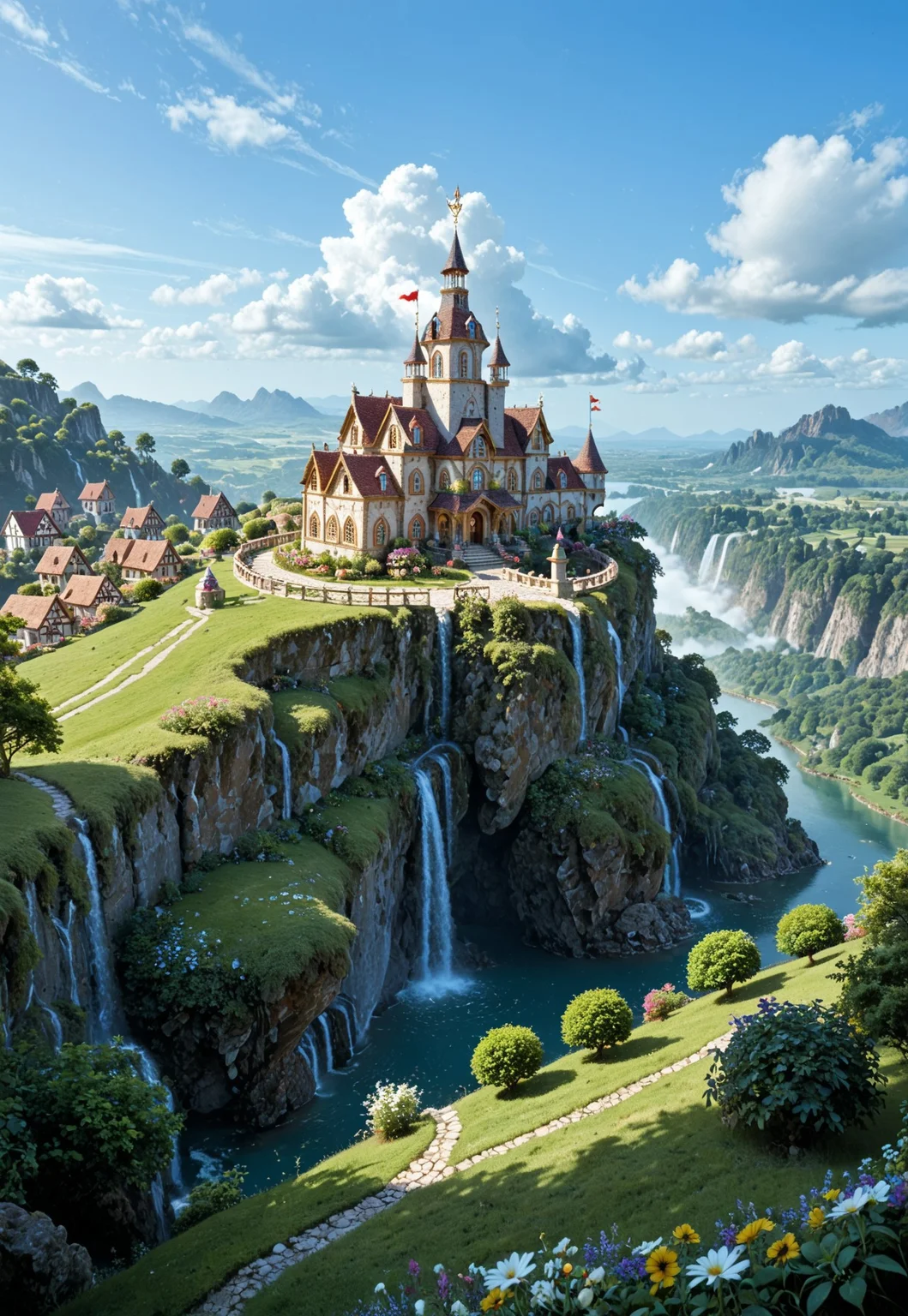 a whimsical scene of a floating island high above the clouds. The island should be lush and green, with waterfalls cascading over the edges and rainbows arcing through the mist. Include a small, enchanting village with houses built from natural materials, and gardens filled with exotic flowers. Depict hot air balloons and flying creatures, such as dragons and griffins, soaring around the island. Add a sense of magic and wonder with glowing orbs of light and mystical creatures roaming freely. Ensure the overall atmosphere is dreamlike and captivating, transporting viewers to a fantastical world above the clouds.
<lora:add-detail-xl:1>
<lora:Dynamic Poses:1>