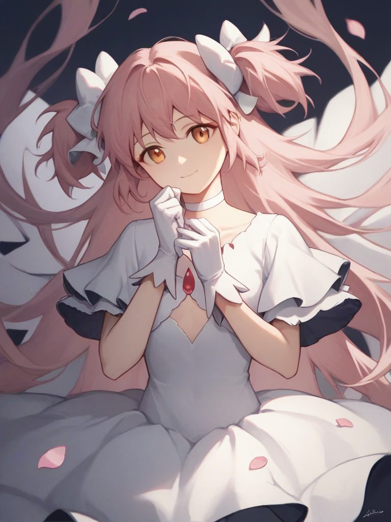 score_9,score_8_up,score_7_up,  <lora:ultimate_madoka:1>ï¼hair bow, wide sleeves, solo, frilled sleeves, white bow, facing viewer, short sleeves, light smile, hand on own chest, white dress, petals, 1girl, closed mouth, dark background, hands up, ultimate madoka, head tilt, kaname madoka, white choker, white gloves
