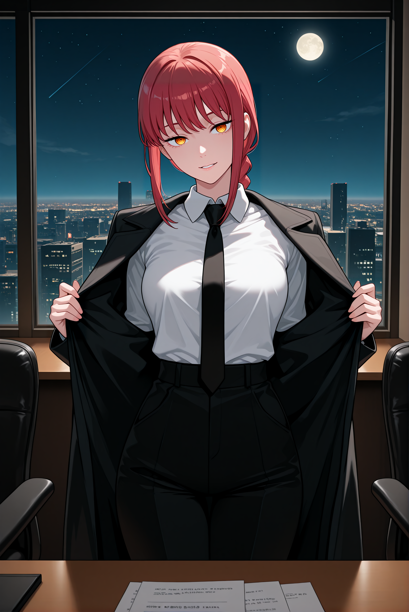 beautiful detailed eyes, masterpiece, best quality, intricate details, absurdres, 1girl, solo,
 <lora:P-IL-Makima:1>, m4k1m4, red hair, yellow eyes, ringed eyes, braid, braided ponytail, bangs, sidelocks,
formal, white collared shirt, long sleeves, black necktie, high-waist pants, black pants, suit, shirt tucked in, black coat, long coat, 
medium breasts, head tilt, seductive smile, parted lips, beautifull lips,
opening clothes, coat open, looking at viewer, low angle, 
sleek office, polished wooden desk, minimalistic decor, large cityscape window, neon-lit skyline, twilight city view, dark leather chair, scattered documents, subtle crimson glow, chainsaw man aesthetic, commanding atmosphere, starry sky, moon,