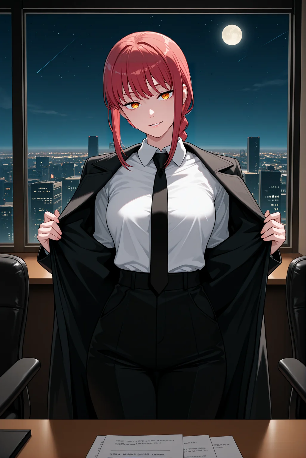 beautiful detailed eyes, masterpiece, best quality, intricate details, absurdres, 1girl, solo,
<lora:P-IL-Makima:1>, m4k1m4, red hair, yellow eyes, ringed eyes, braid, braided ponytail, bangs, sidelocks,
formal, white collared shirt, long sleeves, black necktie, high-waist pants, black pants, suit, shirt tucked in, black coat, long coat,
medium breasts, head tilt, seductive smile, parted lips, beautifull lips,
opening clothes, coat open, looking at viewer, low angle,
sleek office, polished wooden desk, minimalistic decor, large cityscape window, neon-lit skyline, twilight city view, dark leather chair, scattered documents, subtle crimson glow, chainsaw man aesthetic, commanding atmosphere, starry sky, moon,