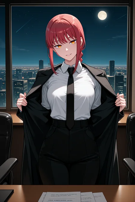 beautiful detailed eyes, masterpiece, best quality, intricate details, absurdres, 1girl, solo,
<lora:P-IL-Makima:1>, m4k1m4, red hair, yellow eyes, ringed eyes, braid, braided ponytail, bangs, sidelocks,
formal, white collared shirt, long sleeves, black necktie, high-waist pants, black pants, suit, shirt tucked in, black coat, long coat,
medium breasts, head tilt, seductive smile, parted lips, beautifull lips,
opening clothes, coat open, looking at viewer, low angle,
sleek office, polished wooden desk, minimalistic decor, large cityscape window, neon-lit skyline, twilight city view, dark leather chair, scattered documents, subtle crimson glow, chainsaw man aesthetic, commanding atmosphere, starry sky, moon,