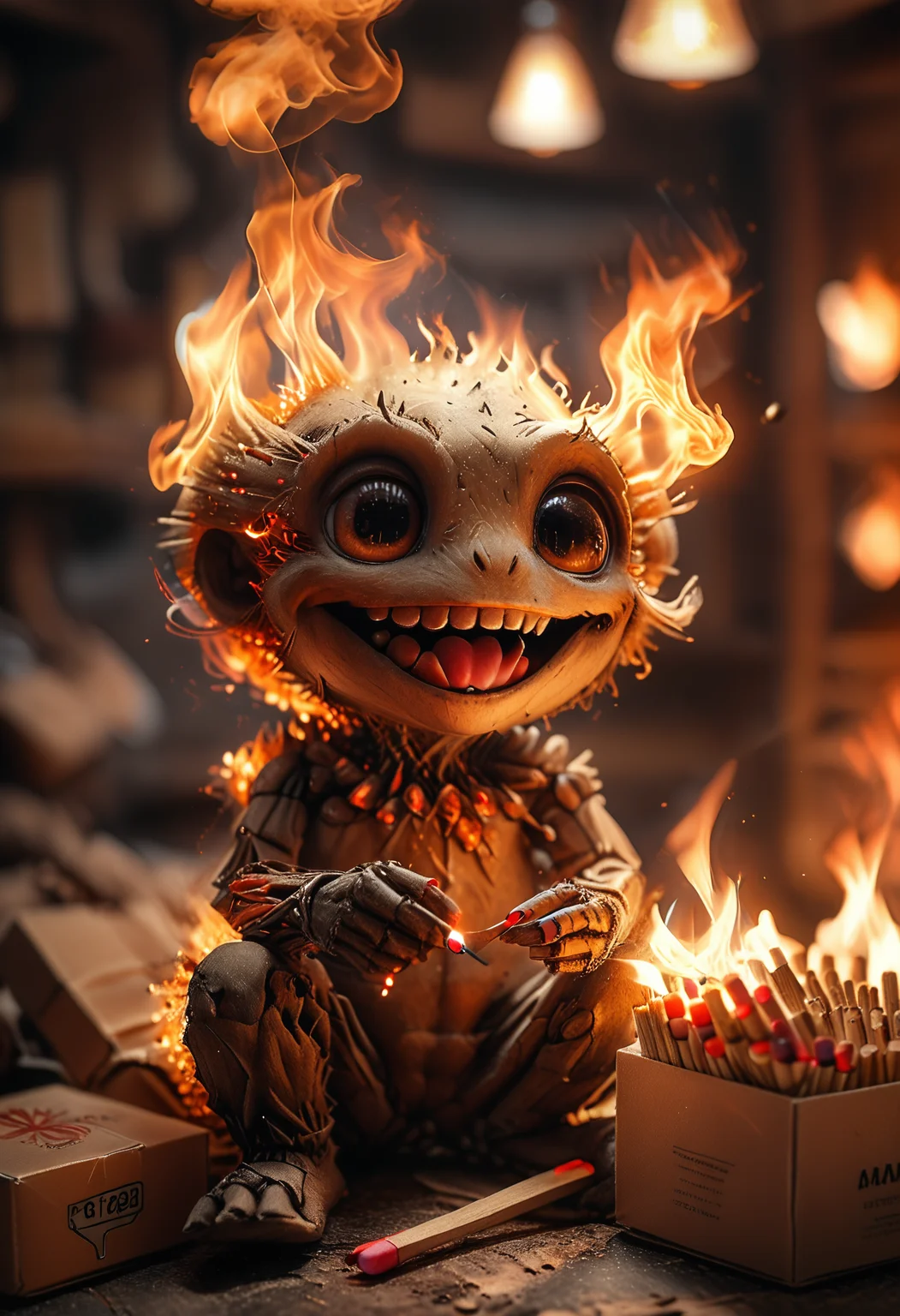 raw photo, 16k, best quality, masterpiece, ultrarealistic, dynamic angle, 16k, HDR, ultrarealistic,
a cute mechanistic strange creature made entirely of flame and matches, (sitting on the box of matches:1.2), holding a lit fireplace match in his hand, (gloating grin:1.3),
cinematic effect, film grain, fuji film, 35mm,
technical drawing art style, precise and detailed, emphasizes accuracy and clarity,
perfect composition made by AI and human, perfect light, ultra quality, depth of field, soft ambient light,
<lora:xl_more_art-full_v1:0.8>,
<lora:add-detail-xl:0.8>,
<lora:MJ52:0.75>