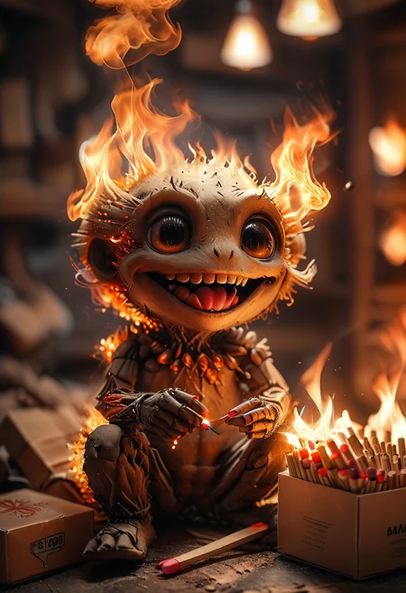 raw photo, 16k, best quality, masterpiece, ultrarealistic, dynamic angle, 16k, HDR, ultrarealistic,
a cute mechanistic strange creature made entirely of flame and matches, (sitting on the box of matches:1.2), holding a lit fireplace match in his hand, (gloating grin:1.3),
cinematic effect, film grain, fuji film, 35mm,
technical drawing art style, precise and detailed, emphasizes accuracy and clarity,
perfect composition made by AI and human, perfect light, ultra quality, depth of field, soft ambient light,
<lora:xl_more_art-full_v1:0.8>,
<lora:add-detail-xl:0.8>,
<lora:MJ52:0.75>