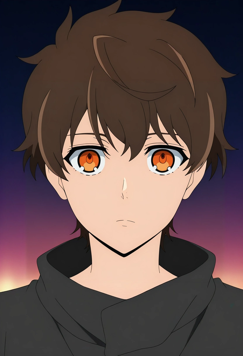 masterpiece, best quality, , anime screencap, anime coloring, official style, looking at viewer, 1boy, solo, male focus, <lora:twenty-fifth_bam_ilxl:0.98>, twenty-fifth_bam, brown hair, orange eyes, short hair, ,
