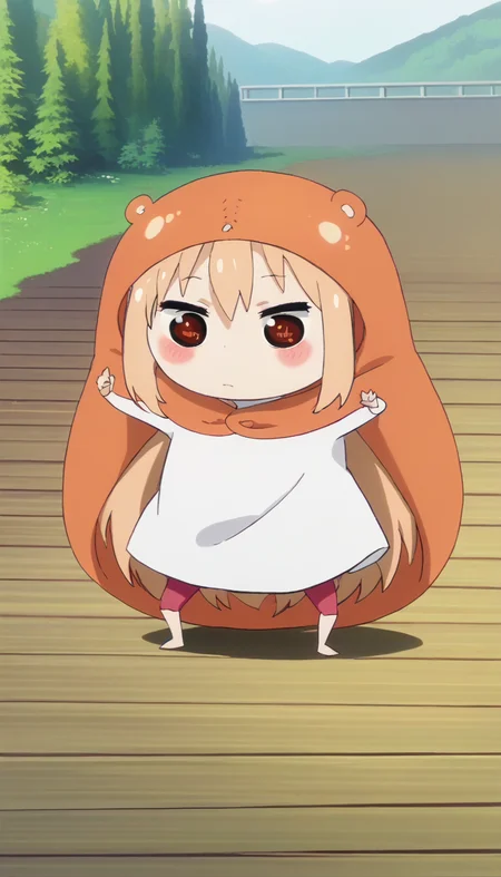 score_9,score_8_up,masterpiece,best quality,correct anatomy,anime_source,1girl,solo,perfect eyes,perfect arms,perfect legs,perfect face,outdoors,Doma Umaru-Chibi,chibi,hood,animal costume,long hair,light brown hair,sidelocks,bangs,brown eyes,blush stickers,white shirt,pink pants,barefoot,<lora:Doma Umaru-Chibi(huc)-Pony:1.8>,