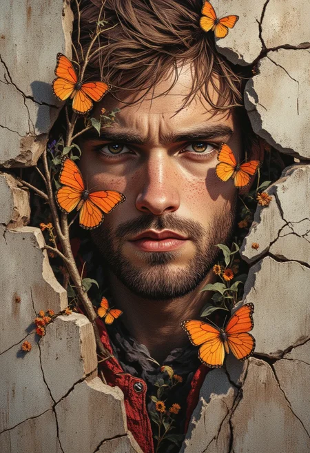 A surreal artwork of a hyperrealistic man face partially encased in a cracked concrete block, with organic tree branches growing through the cracks. Vibrant orange butterflies contrast against muted, earthy tones of gray and brown. Man is dressed in a red textured jacket. High detail and realistic textures emphasize the contrast between natural and artificial elements
