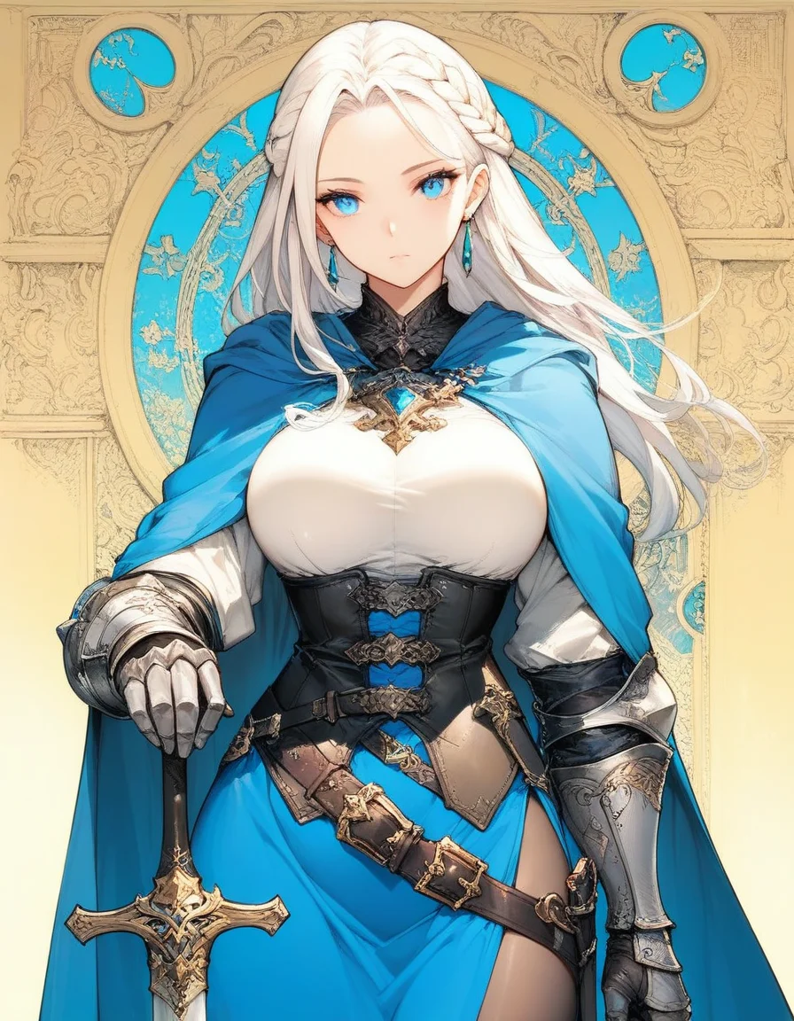 Masterpiece,best quality,sophisticated,hualide2dshuicai,
1girl,solo,weapon,blue eyes,sword,long hair,earrings,jewelry,cape,armor,gauntlets,hand on hilt,looking at viewer,braid,belt,blue cape,breasts,cowboy shot,white hair,sheath,
<lora:tonton shuicai Illustrious-XL:0.8>,