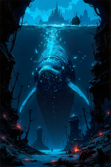 In the depths of a colossal ocean trench, an enormous, bioluminescent whale drifts through the darkness, its glowing patterns pulsing like the heartbeat of the deep. Around it, the water is thick and inky, an abyss that swallows all but the light radiating from the massive creatureâs body. Tiny, luminous fish dart around its head, trailing neon-blue ribbons in their wake, their movements synchronized like celestial dancers. Above, the faint silhouette of an ancient sunken city looms, its broken towers disappearing into the endless void. A gentle hum vibrates through the water, a song sung in frequencies too deep for mortal ears to comprehend. Strange, swirling lights flicker within the whaleâs massive eyes, as though it carries the memories of a thousand forgotten lifetimes. The ocean floor, littered with lost relics and scattered pearls, glows faintly from patches of bioluminescent coral, casting eerie, shifting shadows. As the whale moves forward, its vast body displaces the water in slow, deliberate movements, like a deity of the abyss traveling through a realm untouched by time. , detailed background Fantastic lighting. Detailed shadows.intricate details, vivid colors, hyper-detailed, ultra-sharp, , <lora:Ev_Ganin:0.4><lora:Vintage comic book:0.4><lora:RetroAnimeFluxV1:0.15><lora:Greg_Capullo_style:0.4><lora:jeanClaude_Mzires_Style_FLUX-000001:0.4><lora:Flux_Ink_Anime:0.4>