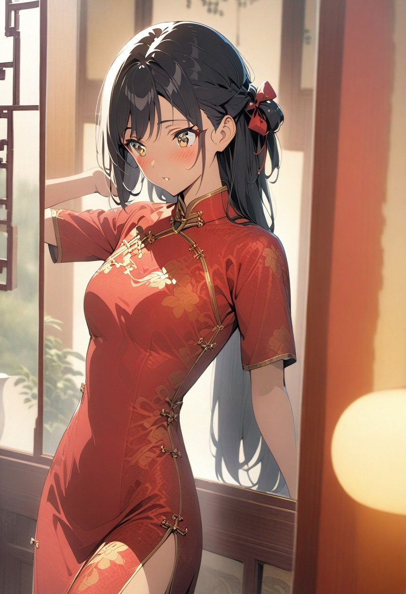 gorgeous lips, cinematic, (masterpiece), (best quality), (ultra-detailed), very aesthetic, illustration, perfect composition, intricate details, absurdres, detailed face, (anime, masterpiece, intricate:1.3), (best quality, hires textures, high detail:1.2)side angle
BREAK, a anime girl with very long black hair, straight hair styled in a half up do, standing in a gold and wood Chinese palace  bedroom, with a large mirror, 1girl, solo, side swept bangs, medium breasts, long hair, black hair, looking at mirror, sitting on bench, red long flowing silk cheongsam, XCYP  Cheongsam beauties, ruby necklace, hair ribbon, red back head hair bow, fixing her hair, tying hair up,, hair blowing in the wind, cheongsam blowing in the wind, looking at the mirror, blush, red flowers in vases in the background, medium full shot, collarbone, plants, brown eyes, perfect eyes, beautiful waterfall outside the window, morning time, cinematic lighting, dolly shot,