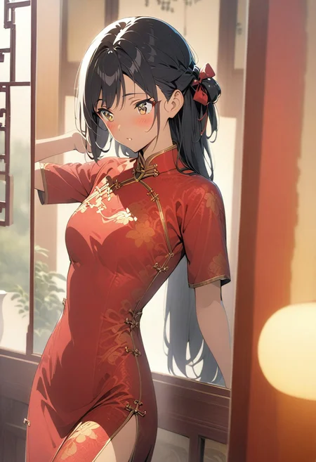 gorgeous lips, cinematic, (masterpiece), (best quality), (ultra-detailed), very aesthetic, illustration, perfect composition, intricate details, absurdres, detailed face, (anime, masterpiece, intricate:1.3), (best quality, hires textures, high detail:1.2)side angle
BREAK, a anime girl with very long black hair, straight hair styled in a half up do, standing in a gold and wood Chinese palace  bedroom, with a large mirror, 1girl, solo, side swept bangs, medium breasts, long hair, black hair, looking at mirror, sitting on bench, red long flowing silk cheongsam, XCYP  Cheongsam beauties, ruby necklace, hair ribbon, red back head hair bow, fixing her hair, tying hair up,, hair blowing in the wind, cheongsam blowing in the wind, looking at the mirror, blush, red flowers in vases in the background, medium full shot, collarbone, plants, brown eyes, perfect eyes, beautiful waterfall outside the window, morning time, cinematic lighting, dolly shot,