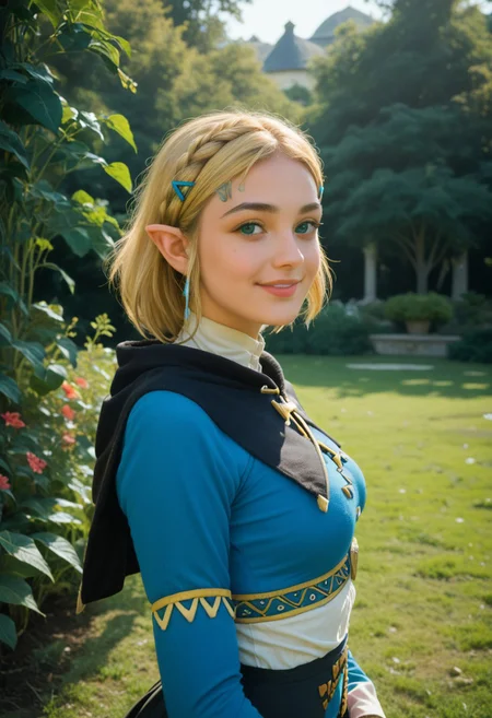 score_9, score_8_up, score_7_up, score_6_up, score_5_up, score_4_up, 1girl, outdoors, (blonde:1.4), royal garden, (view from side:1.4), looking at viewer, medium breasts, princess zelda, facing viewer, subtle smile, capelet, blue shirt, black leggings, hairclips view of hyrule in distant background, relaxed shoulders, head tilted back