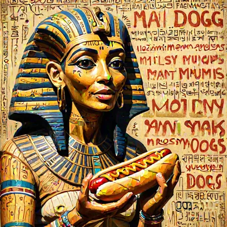 versotiste Egyptian mummy eating a hot dog, graffiti, huge handwritten hieroglyphs text,