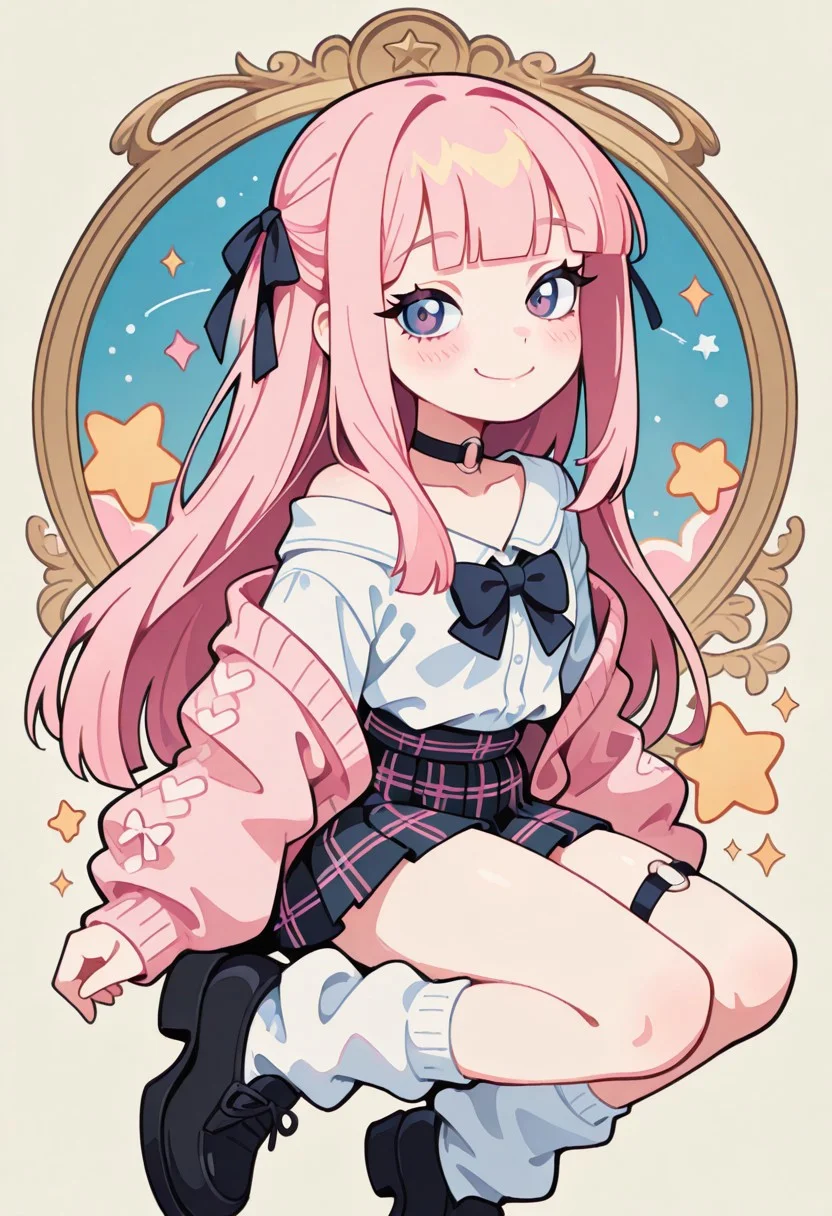 1 girl , solo , blushing , closed mouth , bratty smile , eyelashes , cute , long straight hair , blunt bangs , winking , star , ribbon , hair ribbon ,
slim , slender ,
thigh strap, choker, o-ring choker, pink cardigan, bowtie, white shirt, shirt open, tucked in, plaid skirt, pleated skirt, bare shoulder, white socks, loose socks, black footwear,
masterpiece, best quality ,amazing quality ,S4bit4mago_illu , Protoneon ,s0wasow4rt_illu, t1m3r