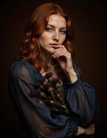 UHD, 8K, ultra detailed, a cinematic photograph of Rembrandt style This is a highly detailed, high-resolution photograph of a young woman with striking, long, wavy red hair that cascades down her back and shoulders. Her skin is fair and freckled, giving her a natural, youthful appearance. She has large, expressive blue eyes and a slight, thoughtful expression as she gazes directly at the camera with one hand gently touching her lips. She is wearing a deep blue, silky blouse with long, puffed sleeves that have a subtle sheen and a soft, almost ethereal texture. The blouse contrasts beautifully with her vibrant hair and pale skin. In the lower left corner of the image, she holds a bouquet of dark blue thistles, adding an element of natural beauty and texture to the composition. The background is a muted, dark brown, which helps to highlight the subject and the rich colors of her hair and clothing. The lighting is soft and warm, creating gentle shadows that accentuate the contours of her face and the intricate details of her hair and clothing. The overall mood of the photograph is serene and contemplative, with a touch of timeless elegance., <lora:red:1>, frustrated_brow . Baroque, chiaroscuro, realistic, emotional, "flat lighting, beautiful lighting, great composition