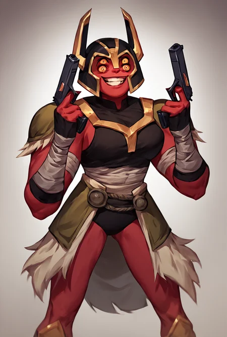 score_9, score_8_up, score_7_up,, good quality ,, character focus, solo, , best quality , , <lora:looma-09:1> looma, solo, red skin, armor, 1girl, bandages, shoulder armor, helmet, horns, <lora:DanielRadcliffeHoldingTwoGunsMeme_pdxl_Incrs_v1:1> handgun, holding gun, holding weapon, dual wielding, finger on trigger, smile, grin, crazy eyes