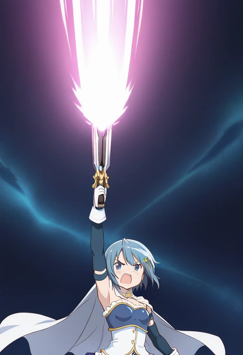 masterpiece, best quality, ultra-detailed, absurdres, newest, 1girl, solo, Sayaka Miki, Magical Girl Outfit, holding beam weapon, gunblade, transamraiser, pink beam, giant beam, one arm up, outer space, upper body, open mouth, angry, parted lips, straight on