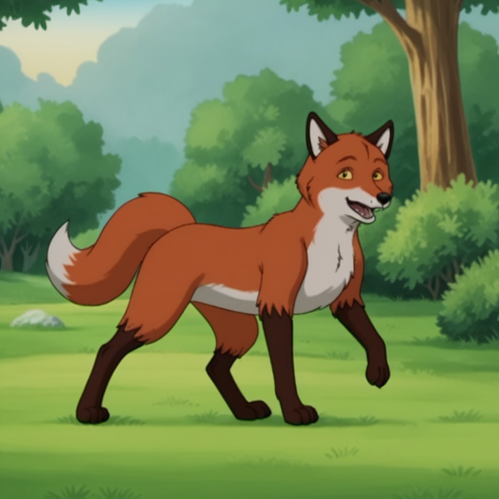 score_9, score_8_up, score_7_up, score_6_up, score_5_up, score_4_up, source_furry, foxfrnkln, semi-anthro, male, fox, red-orange fur, yellow sclera, black eyes, outside, standing, all fours, in a forest