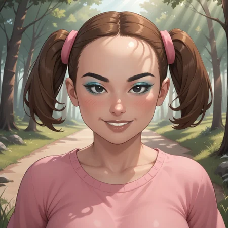 score_9, score_8, BREAK, solo, wii, mii, wii sports, 1girl, female mii, brown hair, twintails, black eyes, black eyebrows, blue eyeshadow, makeup, blush, brown lips, lipstick, teeth, pink clothing, white pants, barefoot, big breasts, nintendo mii, modern_mii, classic_mii, Yaami_(OC_Mii), plump, fat, chubby, sexy pose, self portrait, smile, outdoors, sunlight, shadows, evening lighting, natural lighting, forest, trees, grass, orange sky, sunset