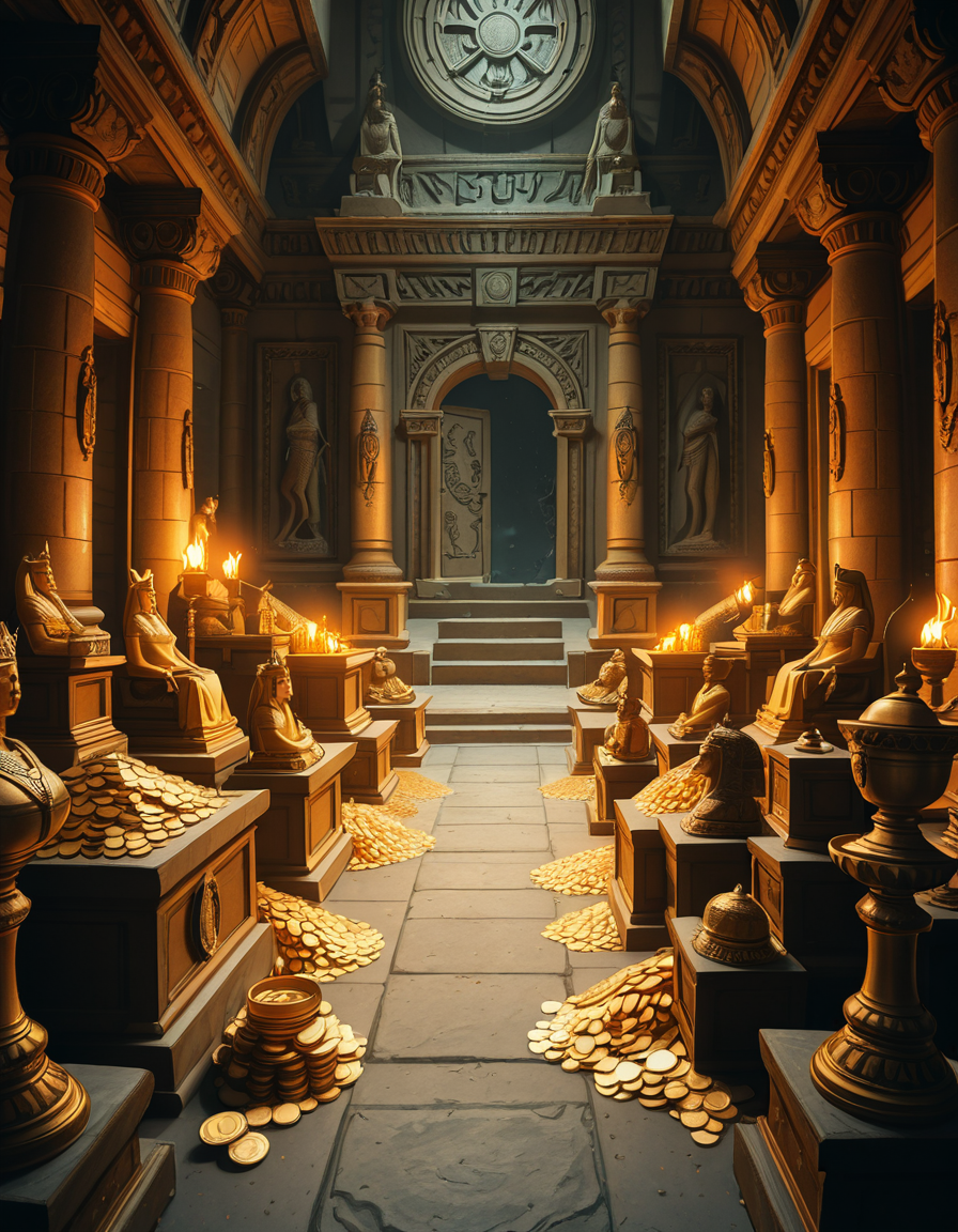 A hidden treasure chamber deep within an ancient temple, illuminated by the warm golden glow of torches and mystical blue light from enchanted crystals. The room is filled with piles of gold coins, jewel-encrusted goblets, and ancient artifacts covered in dust. Massive stone statues of forgotten deities guard the chamber, their eyes glowing faintly as if watching intruders. In the center, a grand pedestal holds a legendary artifactâan ornate golden crown encrusted with emeralds and sapphires, shimmering with an otherworldly aura. The walls are adorned with intricate carvings depicting lost civilizations, and creeping vines hint at centuries of abandonment. The atmosphere is mystical and slightly eerie, with a sense of both wonder and danger. The air is thick with the scent of aged parchment and burning incense, adding to the chamberâs ancient and mysterious feel. Cinematic lighting with dramatic shadows enhances the depth and richness of the scene, creating a visually stunning and immersive environment.
<lora:SDXLFaeTastic2400:0.4> <lora:extremely_detailed:0.4> extremely detailed,treasure ch4mb3r, <lora:treasure_ch4mb3r-i:1>, Masterpiece,best quality,hi res,8k,hi res,8k,award winning,(sharp focus, intricate, highly detailed),
