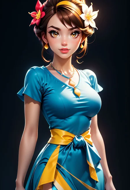 score_9, score_8_up, score_7_up, score_6_up, score_5_up, score_4_up score_9,score_8_up, digital art, upper body shot, realistic 3D illustration, 
BREAK, 
gloria (pokemon), gloriaSummer, blue sarong, blue shirt, hair flower,  jewelry, necklace, official alternate costume,
BREAK, 
soft lighting, contemplative expression, dark background, subtle makeup, high-resolution, detailed texture, emotional depth, dramatic mood, side profile, serene atmosphere, cinematic lighting. perfectly round breasts, big breasts, firm breasts, SkinHairDetail, eye contact, looking at viewer,