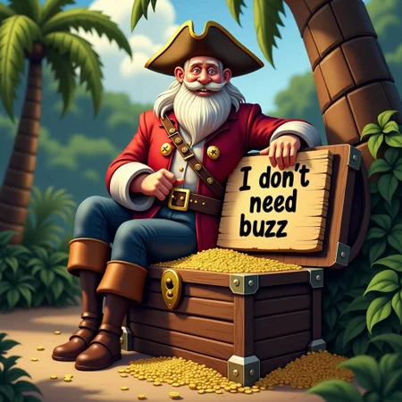 a rich pirate sitting on a chest full of gold indicating the text "I don't need buzz" written on a wooden board. Tropical setting.