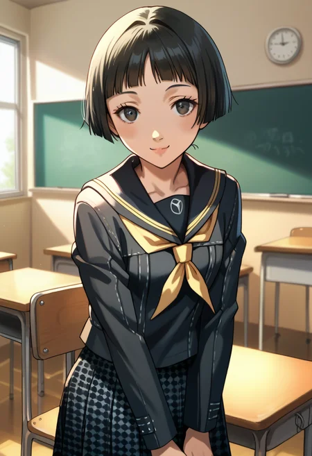 score_9, score_8_up, score_7_up, (source_anime), 1 girl, solo, cute face,
p4ayane, short hair, blunt bangs, black hair, yasogami school uniform, school uniform, serafuku, skirt, houndstooth
looking at you, smile,
classroom,
masterpiece, best quality, ultra detailed, absurdres, very aesthetic