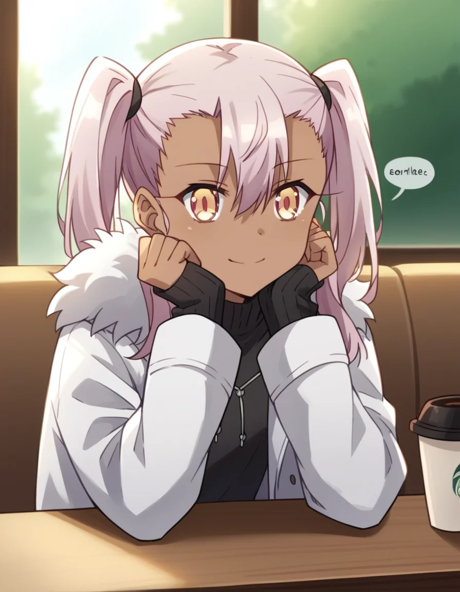 score_9, score_8_up, score_7_up, source_anime, <lora:chloe-von-einzbern-prisma-s2s3-ponyxl-lora-nochekaiser:1>,, chloe von einzbern, long hair, hair between eyes, yellow eyes, pink hair, dark skin, dark-skinned female,, twintails, skirt, coat, fur trim, white coat,, cafe, coffee cup, barista, sitting down, talking, relaxing, sunlight through window, smile, , sitting, head rest, table,, solo,, cowboy shot, dutch angle