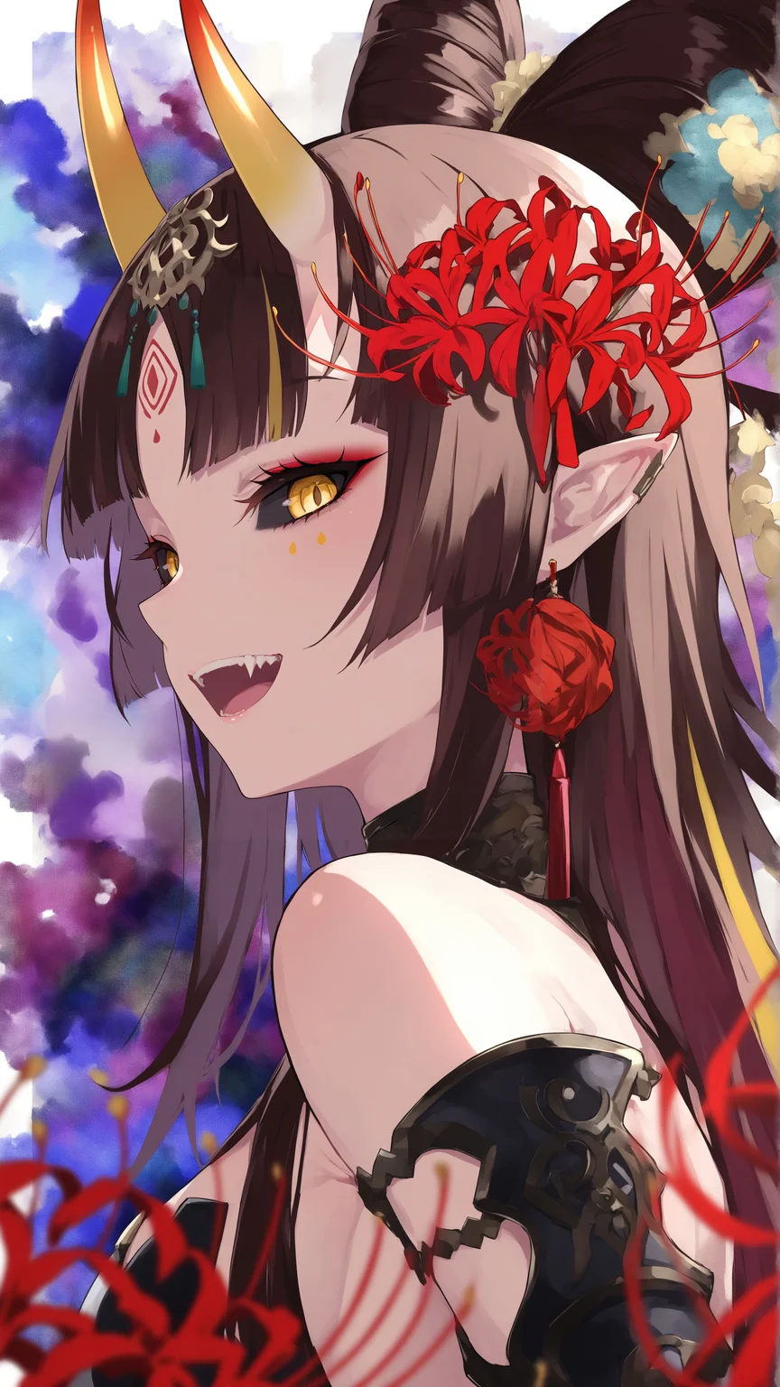 masterpiece, amazing quality, best quality, Smooth Quality, lam style, sketch, 1girl, solo, long hair, looking at viewer, smile, bangs, brown hair, hair ornament, jewelry, closed mouth, yellow eyes, flower, earrings, horns, pointy ears, facial mark, hair flower, black sclera, open mouth, fangs, multicolored hair, yellow tips, makeup, facial mark, from side, multicolored background, flower, eyeshadow, colored sclera, spider lily, <lora:LAM_style-illustrious-v1-3:0.9>, <lora:Add_Details_v1.2:1>, <lora:NOOB_vp1_detailer_by_volnovik_v1:0.5>