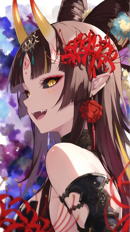 masterpiece, amazing quality, best quality, Smooth Quality, lam style, sketch, 1girl, solo, long hair, looking at viewer, smile, bangs, brown hair, hair ornament, jewelry, closed mouth, yellow eyes, flower, earrings, horns, pointy ears, facial mark, hair flower, black sclera, open mouth, fangs, multicolored hair, yellow tips, makeup, facial mark, from side, multicolored background, flower, eyeshadow, colored sclera, spider lily, <lora:LAM_style-illustrious-v1-3:0.9>, <lora:Add_Details_v1.2:1>, <lora:NOOB_vp1_detailer_by_volnovik_v1:0.5>