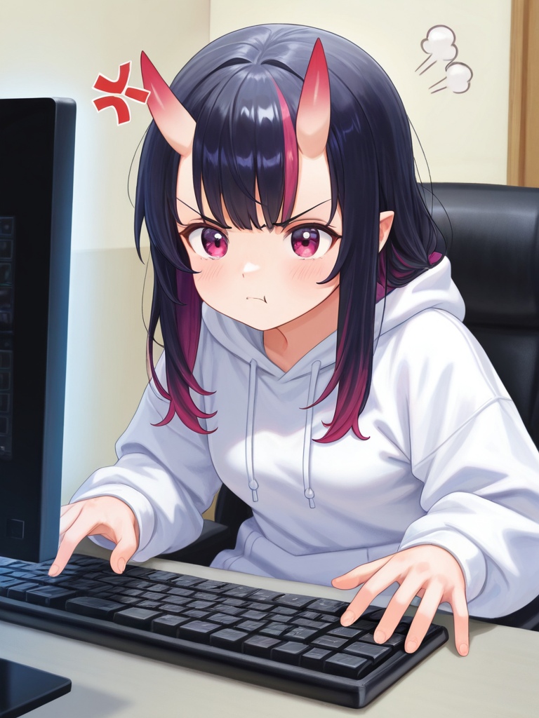 Best quality masterpiece,   Amazing very aesthetic absurdres newest embedding:my\AniPnt1,      1girl, small breasts, oni horns, hoodie,  sitting in room, monitor, typing,  computer keyboard, angry, anger vein,   <lora:SPOl_10ep_4k>