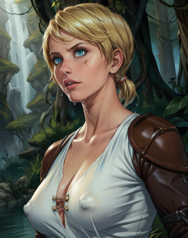 Ranger, blonde hair, blue eyes,  lips,   scar, low ponytail, 
white shirt, leather armor, cleavage,  serious, 
 upper body, motion lines,  standing,  shaggy hair, 
forest, morning,  wet clothes,  covered nipples, 
(insanely detailed, beautiful detailed face,beautiful detailed eyes, masterpiece, best quality) 
 <lora:Ranger:0.8>