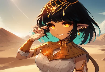 Khali, female, girl, woman, amber eyes, gold eyes, golden eyes, yellow eyes, two tone hair, twotone hair, two-tone hair, multicolored hair, pointy ears, gold earrings, slightly tanned, smile, beauty mark, beauty spot, good hands, good quality, detailed, detailed face, detailed eyes, good art, long ears, gold headband, gold tiara, cuteartstyle, BREAK , desert background, score_9, score_8_up, score_7_up, score_6_up