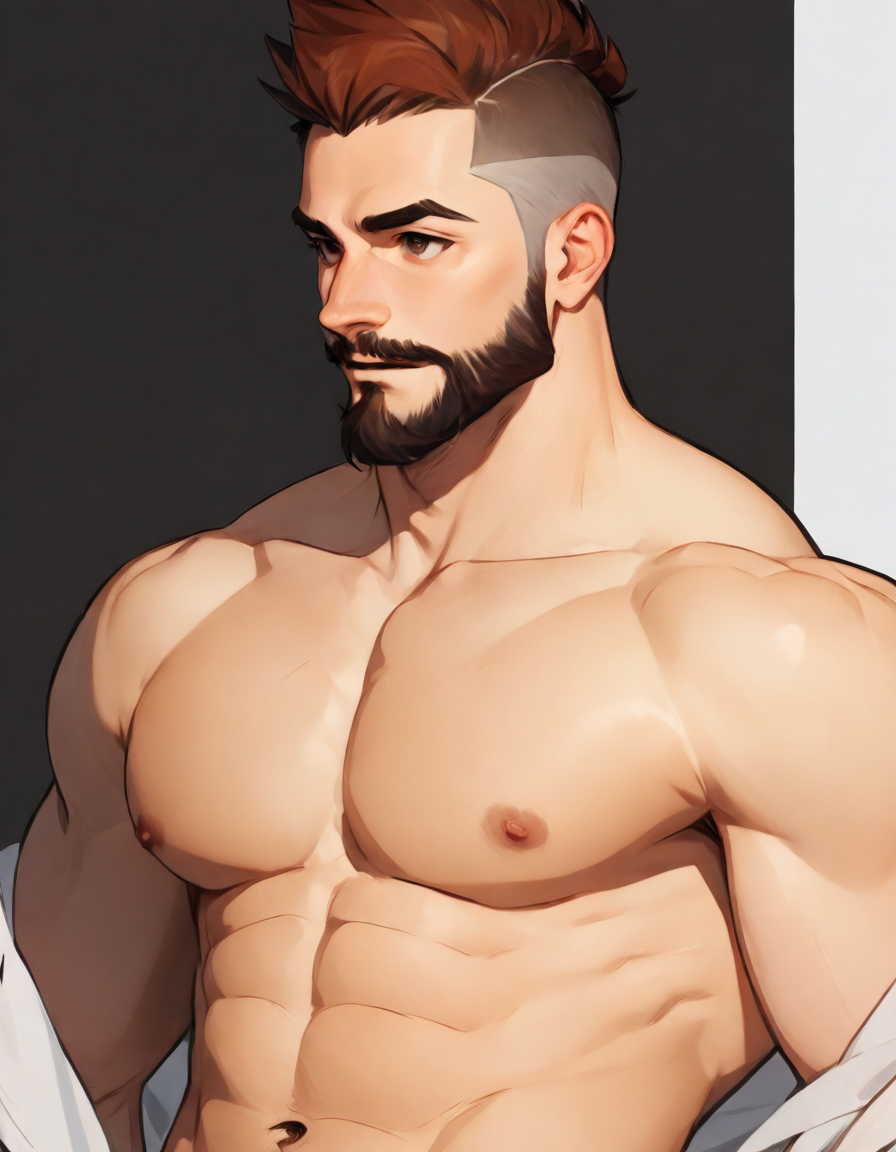 illMaleupBody, solo, short hair, brown hair, navel, nipples, upper body, male focus, open shirt, multicolored hair, stomach, completely nude, muscular, facial hair, abs, pectorals, muscular male, bara, beard, large pectorals, mature male, mustache, undercut, 1boy
<lora:ILLå¡é2Dç·å­ä¸èº«illMaleupBody:0.8>,