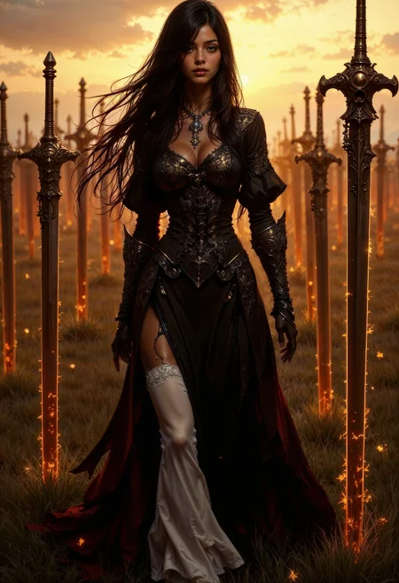 bo-an1me, dark fantasy illustration, high detail fantasy anime, a fantasy-style digital artwork featuring a woman with long, flowing black hair and fair skin, walking through a field of upright swords. She wears an elegant, flowing gown with intricate detailing on the shoulders and bodice, giving her a regal appearance. The swords are evenly spaced, with ornate hilts and blades that glow with a warm, golden light, casting an ethereal glow across the scene. The background is softly blurred, enhancing the mystical atmosphere. The lighting is dramatic, with the setting sun casting long shadows and highlighting the woman's serene expression as she moves gracefully through the surreal landscape.