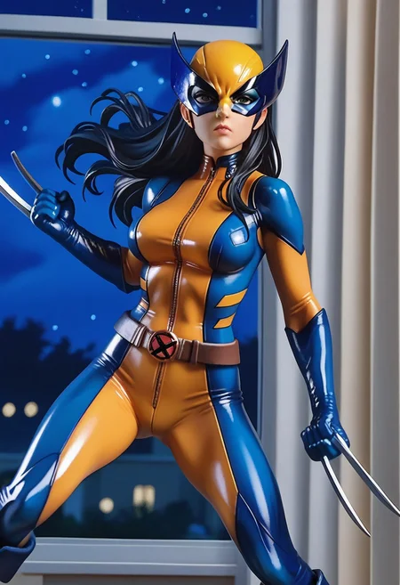 score_9_up, score_8_up, score_7_up, realistic, detailed,8k,<lora:G0083NP:0.9> 1girl, LraKinyX, long hair, mask, bodysuit, gloves, belt, boots, weapon, claws, claw (weapon),serious facial expression, mansion interior, window, night, , cartoon, official art, official style, source_anime, anime coloring(anime_screencap), anime, animated, shiny skin,dynamic view
