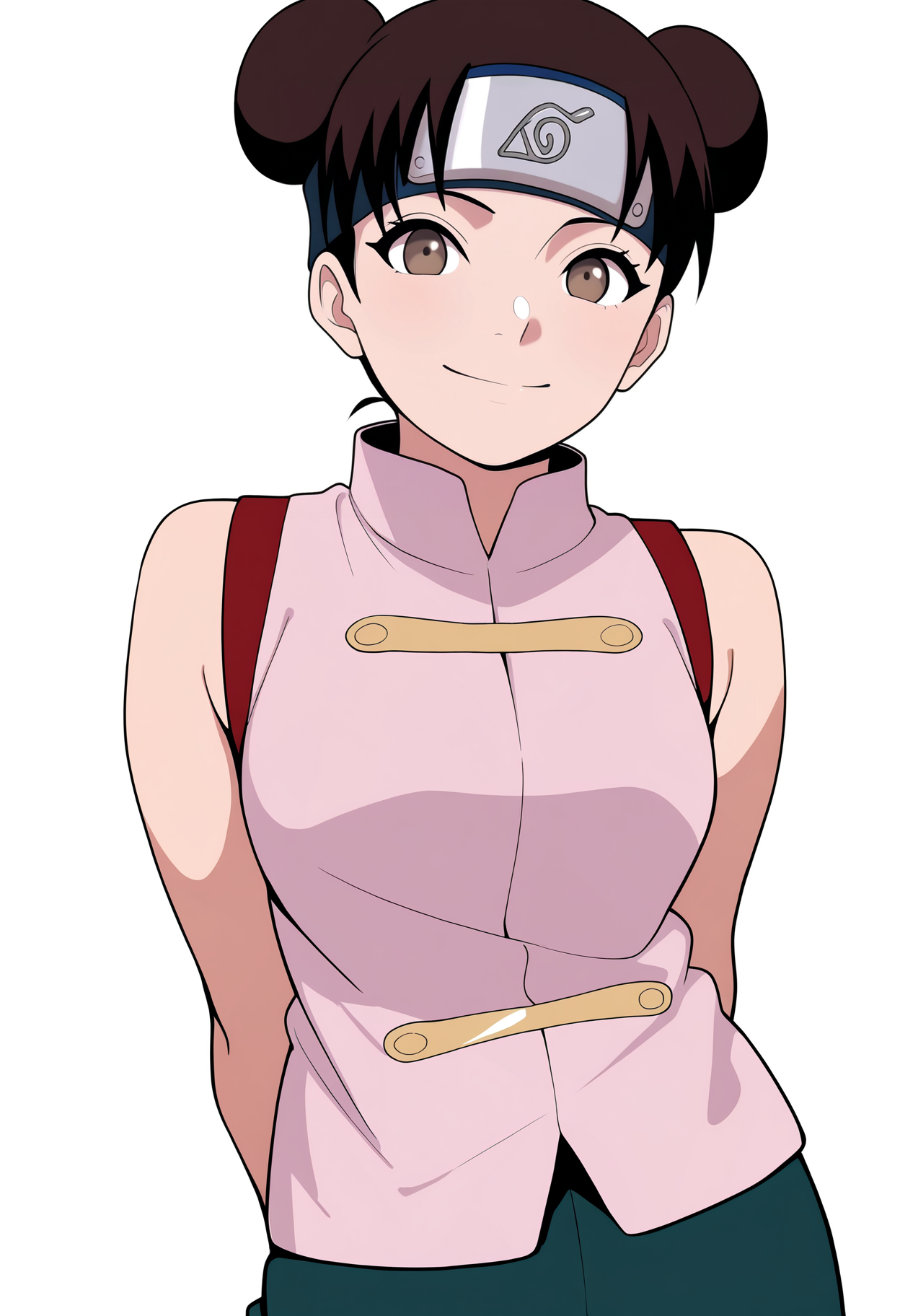 masterpiece, best quality, very aesthetic, absurdres,
1girl, ytenten, brown eyes, brown hair, short hair, double bun, forehead protector,
konohagakure symbol, bare shoulders, sleeveless shirt,
upper body, arms behind back,
smile, looking at viewer, solo, simple background, white background,   <lora:TentenGeninNoobXL_byKonan:1>