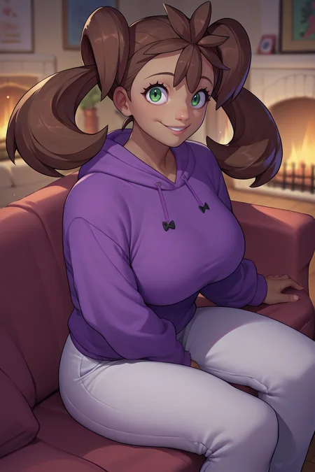 score_9, score_8_up, score_7_up, score_6_up, source_anime, 1girl, solo, <lora:pkmnshauna-pdxl-nvwls-v1-000005:1> defSana, dark-skinned female, twintails, brown hair, long hair, green eyes, purple hoodie, white pants, sitting, big breasts, happy, fireplace, indoors, sitting, couch, looking at you