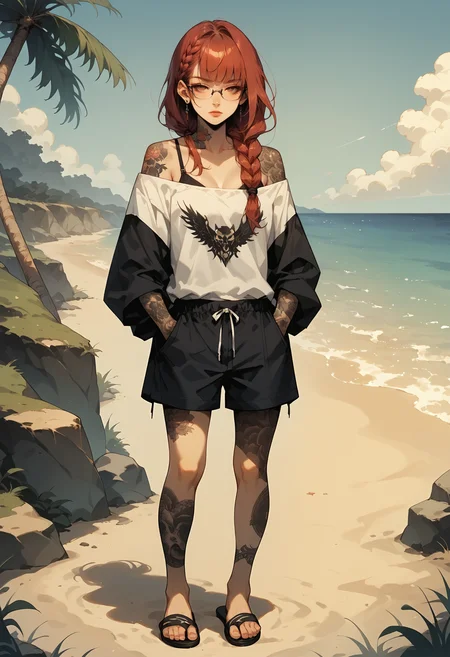 score_9, score_8_up, score_7_up, score_6_up, score_5_up, score_4_up, (masterpiece, best quality, high quality, highres, ultra-detailed), source_anime, 1girl, solo, standing, full body, red hair, low-braided long hair, oversized shirt, band shirt, off shoulder, bra strap, oval glasses, small eyewear, semi-rimless eyewear, peeking over eyewear, half-closed eyes, board shorts, hands in pockets, flip-flops, beach, <lora:Sinozick_Style_XL_Pony:0.1> sinozick style, flat color, <lora:jym-r4t:0.1> <lora:t4tsXLP:0.8> tattoos, tattoo,