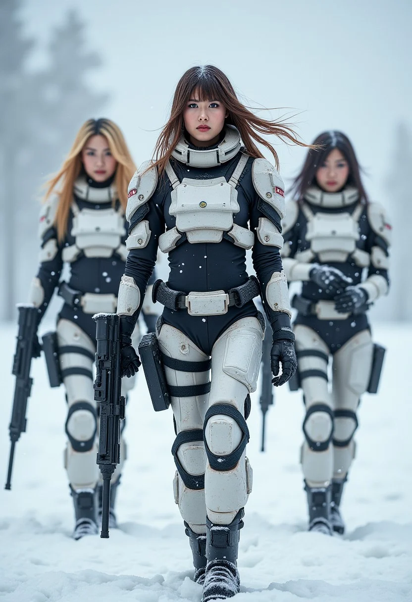 three stunning female korean space marines, multicoloured hair (one blonde, two dark, with various coloured highlights), bangs, white winter camouflage body armour, assault pistols in holsters, walking in a snowstorm on an icy, snowy plain, thick snow falling, snow settling on their hair and armour, cowboy shot, High Detail, Perfect Composition, dramatic ighting, high contrast