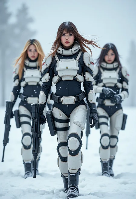 three stunning female korean space marines, multicoloured hair (one blonde, two dark, with various coloured highlights), bangs, white winter camouflage body armour, assault pistols in holsters, walking in a snowstorm on an icy, snowy plain, thick snow falling, snow settling on their hair and armour, cowboy shot, High Detail, Perfect Composition, dramatic ighting, high contrast
