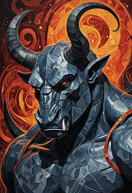 This surreal and potent illustration masterfully combines cubist structure with Jackson Pollock's expressive abstract style. The image portrays a unique hybrid creature, merging the muscular build and red skin tones of Hellboy with the angular face and powerful horns of a rhinoceros. The horns are rendered in cubist fragments—deep reds, dark grays, and metallic silvers—forming a rugged, multifaceted texture.
Inspired by Hellboy's filed-down horns, the creature's horns emerge in sharp, angular planes, emphasizing its strength and intensity. Pollock-inspired splatters of fiery oranges, blacks, and blood reds overlay the creature, imbuing it with chaotic energy and texture as if flames and embers dance across its surface. The background consists of smoky, abstract swirls in dark blues and grays, conveying a sense of movement and power. This captivating illustration captures the essence of both cubist and abstract art, while also paying homage to the iconic Hellboy character.