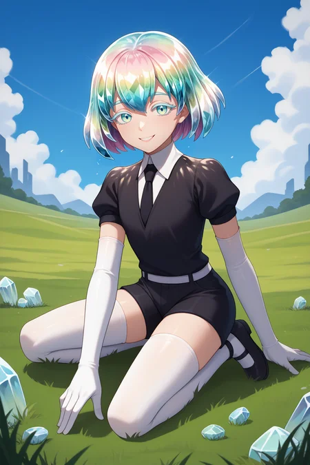 score_9, score_7_up, source_anime, looking at viewer, smile, hskdmnd, crystal hair, colored eyelashes, multicolored hair, short hair, black shirt, puffy short sleeves, collared shirt, black necktie, elbow gloves, white gloves, black shorts, white thighhighs, black footwear, outdoors, grass, blue sky, <lora:Hoseki_HousekiNoKuni_Diamond_PDXL_v1:1>